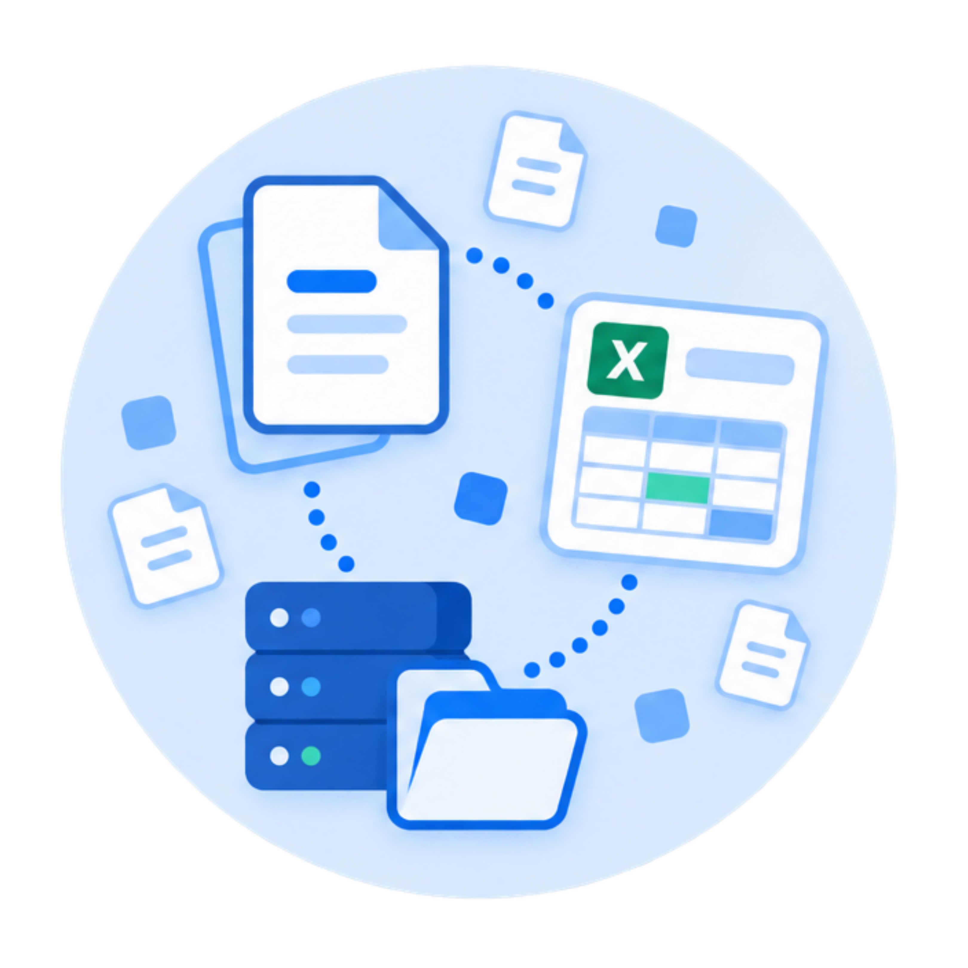 紙・Excel・ファイルサーバーに情報が分散しているイメージ